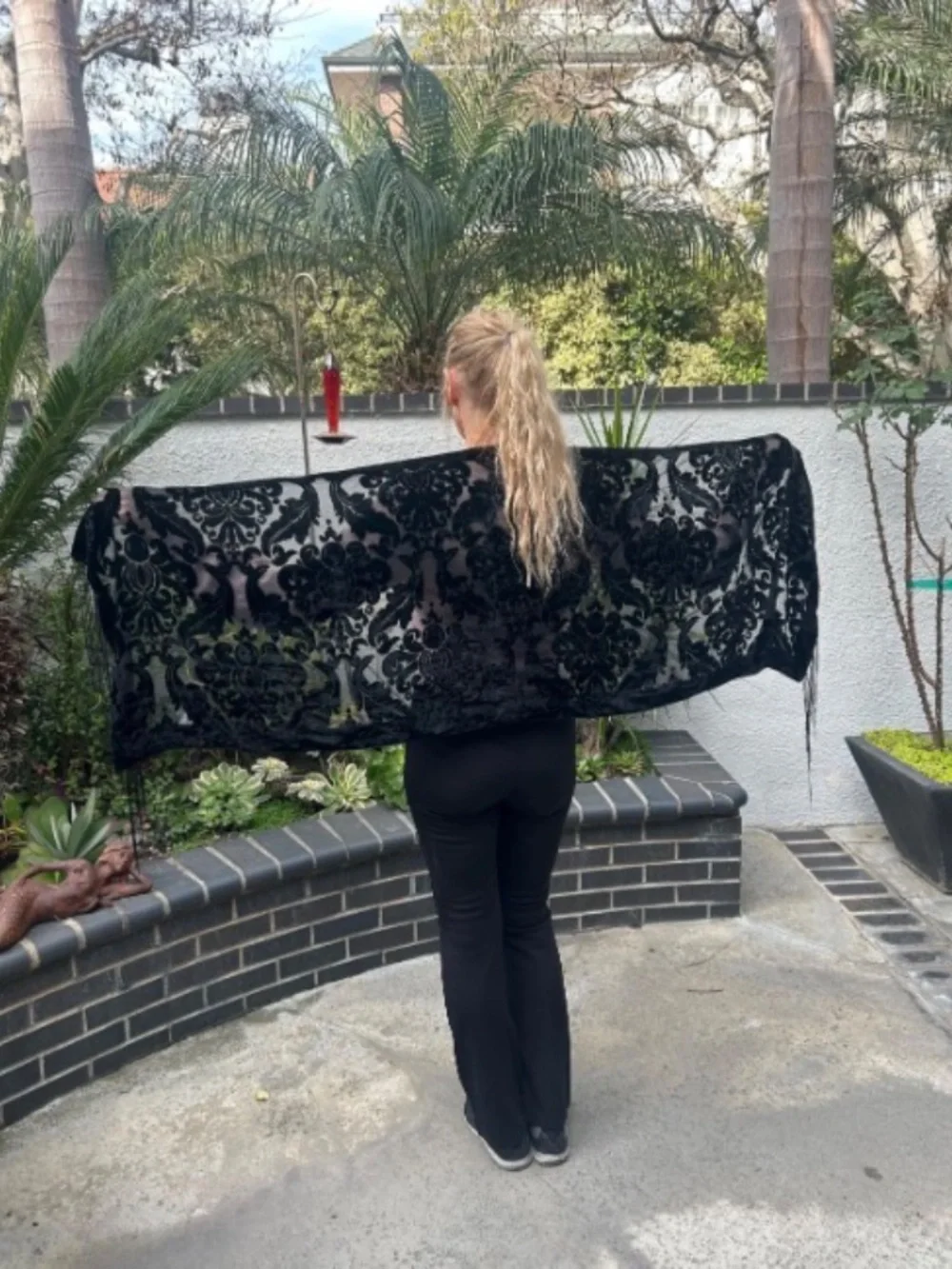 Gorgeous Black Velvet Scarf, Semi Sheer, Burn out, Fringed, Piano Scarf, Damask
